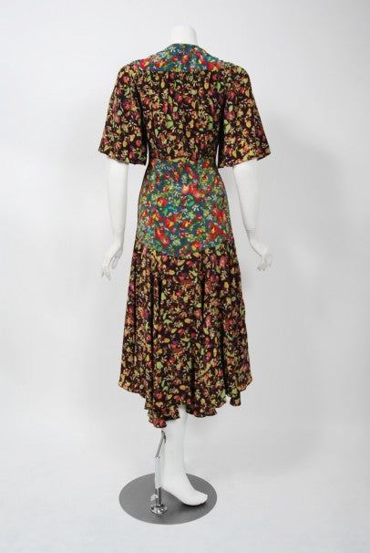 1970 Alice Pollock for Quorum Floral Print Rayon Flutter Sleeve Bias-Cut Dress