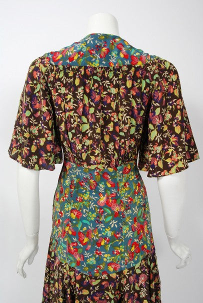 1970 Alice Pollock for Quorum Floral Print Rayon Flutter Sleeve Bias-Cut Dress