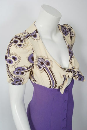 1970 Ossie Clark Purple Crepe Celia Birtwell Floral Print Key-Hole Plunge Dress