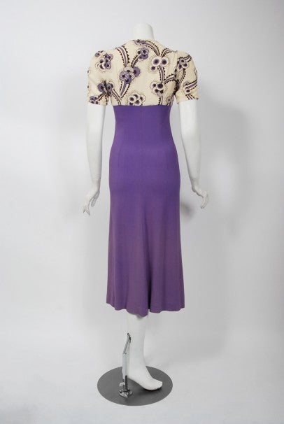 1970 Ossie Clark Purple Crepe Celia Birtwell Floral Print Key-Hole Plunge Dress