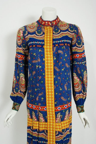 1970 Sant Angelo Documented Bohemian Print Cotton Dress Worn by Zsa Zsa Gabor