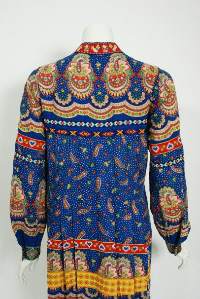 1970 Sant Angelo Documented Bohemian Print Cotton Dress Worn by Zsa Zsa Gabor