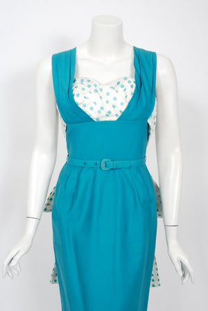 1950's Blue Polka-Dot Cotton Pique Shelf-Bust Belted Fishtail Wiggle Sun Dress