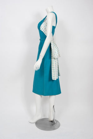 1950's Blue Polka-Dot Cotton Pique Shelf-Bust Belted Fishtail Wiggle Sun Dress