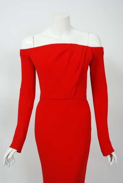 2004 Jean-Louis Scherrer Couture Red Silk Crepe Draped Off-Shoulder Trained Gown