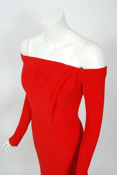 2004 Jean-Louis Scherrer Couture Red Silk Crepe Draped Off-Shoulder Trained Gown