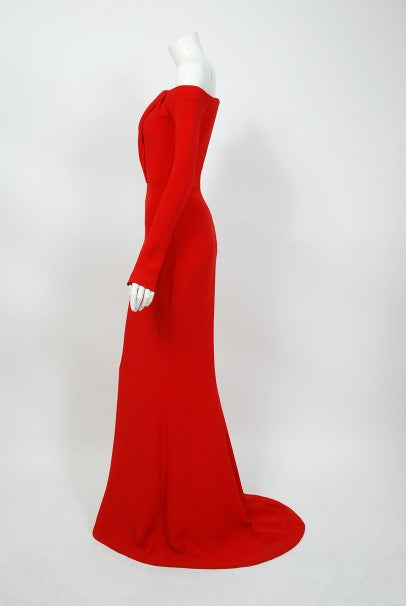 2004 Jean-Louis Scherrer Couture Red Silk Crepe Draped Off-Shoulder Trained Gown
