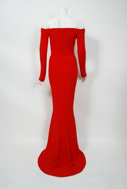 2004 Jean-Louis Scherrer Couture Red Silk Crepe Draped Off-Shoulder Trained Gown