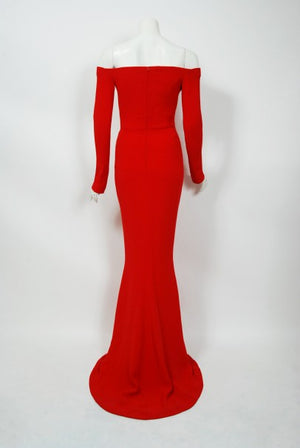 2004 Jean-Louis Scherrer Couture Red Silk Crepe Draped Off-Shoulder Trained Gown