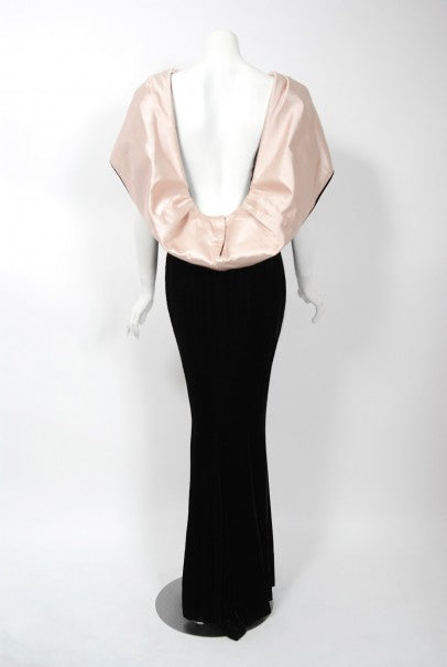 1987 Thierry Mugler Museum-Held Black Velvet & Pink Satin Bias-Cut Backless Gown