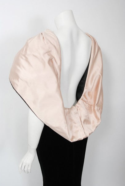 1987 Thierry Mugler Museum-Held Black Velvet & Pink Satin Bias-Cut Backless Gown