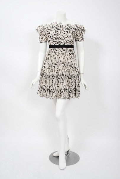 1990 Chanel Documented Black & White Print Silk Off-Shoulder Babydoll Mini Dress