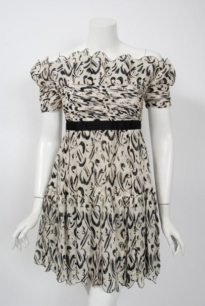1990 Chanel Documented Black & White Print Silk Off-Shoulder Babydoll Mini Dress