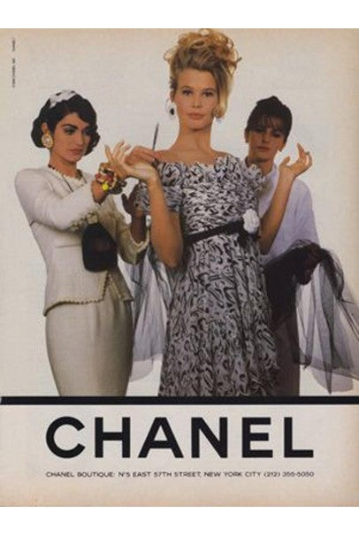 1990 Chanel Documented Black & White Print Silk Off-Shoulder Babydoll Mini Dress