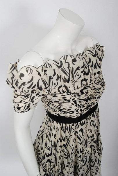 1990 Chanel Documented Black & White Print Silk Off-Shoulder Babydoll Mini Dress