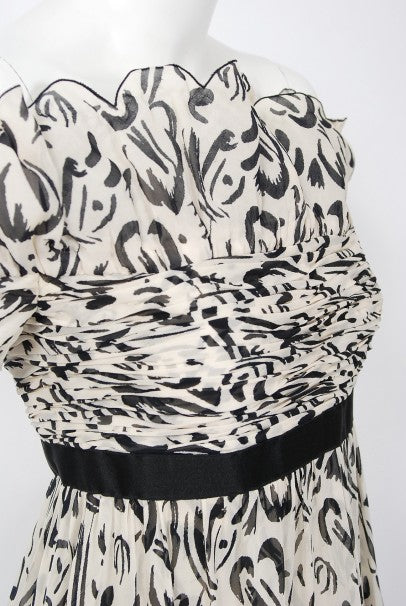 1990 Chanel Documented Black & White Print Silk Off-Shoulder Babydoll Mini Dress