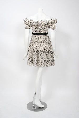 1990 Chanel Documented Black & White Print Silk Off-Shoulder Babydoll Mini Dress