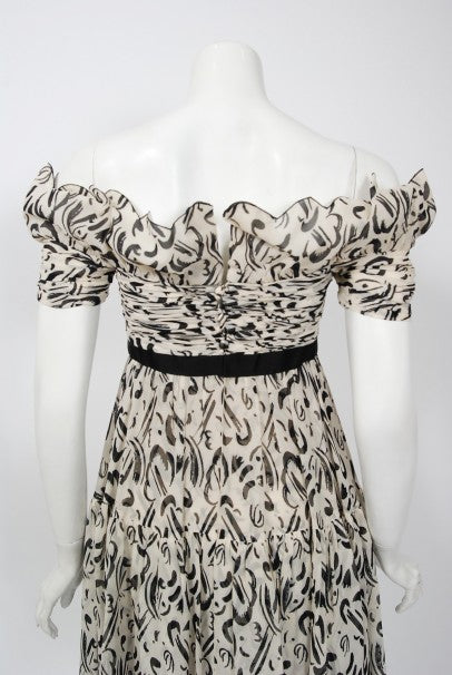 1990 Chanel Documented Black & White Print Silk Off-Shoulder Babydoll Mini Dress