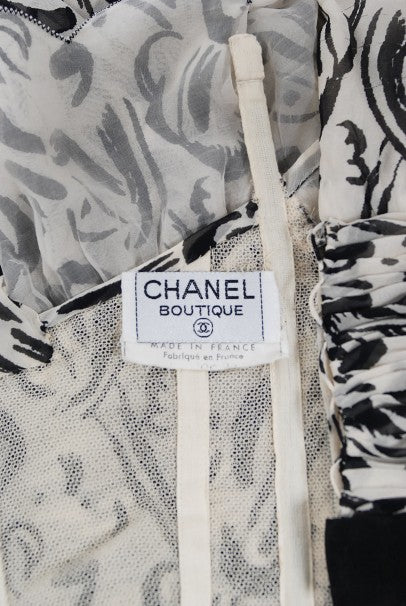 1990 Chanel Documented Black & White Print Silk Off-Shoulder Babydoll Mini Dress