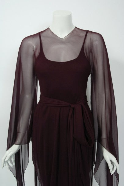 1970&#39;s Halston Couture Dark Purple Chiffon Wing Sleeve Bias-Cut Belted Dress