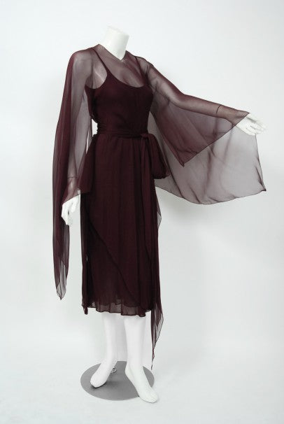 1970&#39;s Halston Couture Dark Purple Chiffon Wing Sleeve Bias-Cut Belted Dress