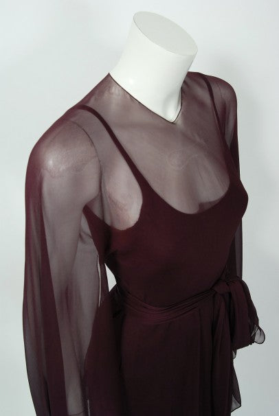 1970&#39;s Halston Couture Dark Purple Chiffon Wing Sleeve Bias-Cut Belted Dress