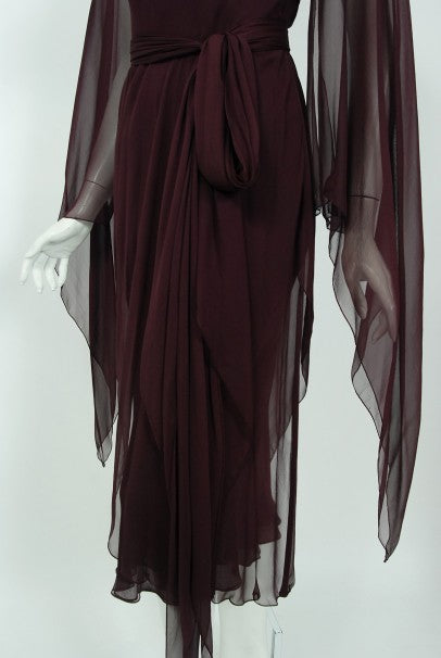 1970&#39;s Halston Couture Dark Purple Chiffon Wing Sleeve Bias-Cut Belted Dress