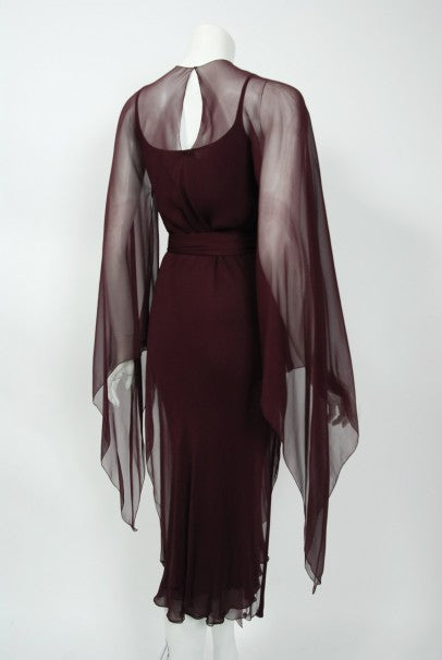 1970&#39;s Halston Couture Dark Purple Chiffon Wing Sleeve Bias-Cut Belted Dress