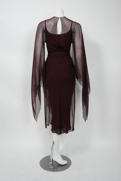 1970&#39;s Halston Couture Dark Purple Chiffon Wing Sleeve Bias-Cut Belted Dress