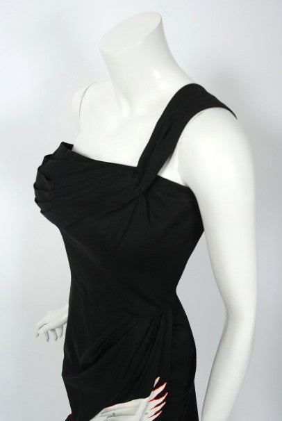 1950&#39;s Alix of Miami Crane Bird Novelty Applique Black Cotton One-Shoulder Dress