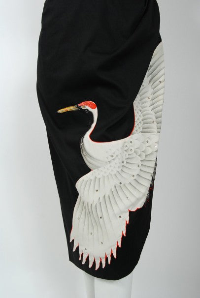 1950&#39;s Alix of Miami Crane Bird Novelty Applique Black Cotton One-Shoulder Dress