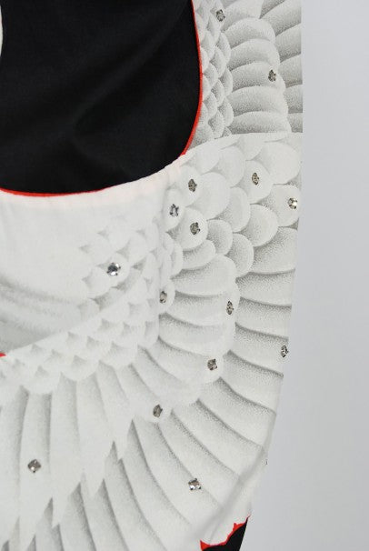 1950&#39;s Alix of Miami Crane Bird Novelty Applique Black Cotton One-Shoulder Dress