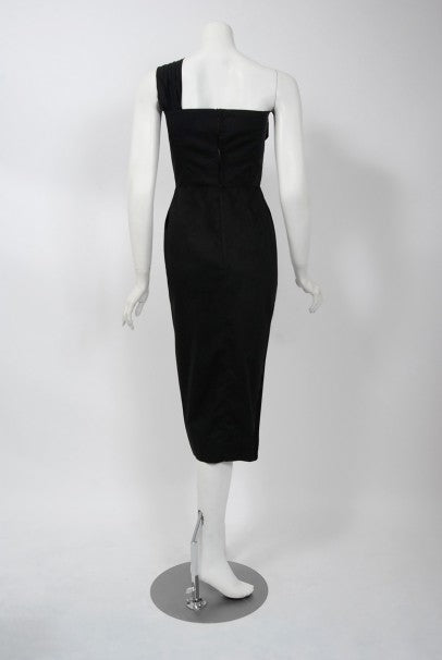 1950&#39;s Alix of Miami Crane Bird Novelty Applique Black Cotton One-Shoulder Dress