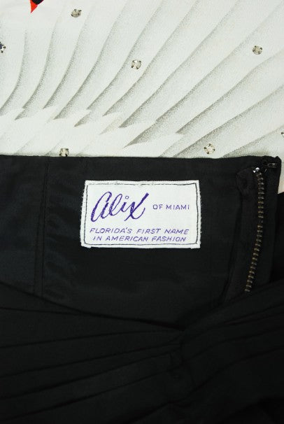 1950&#39;s Alix of Miami Crane Bird Novelty Applique Black Cotton One-Shoulder Dress