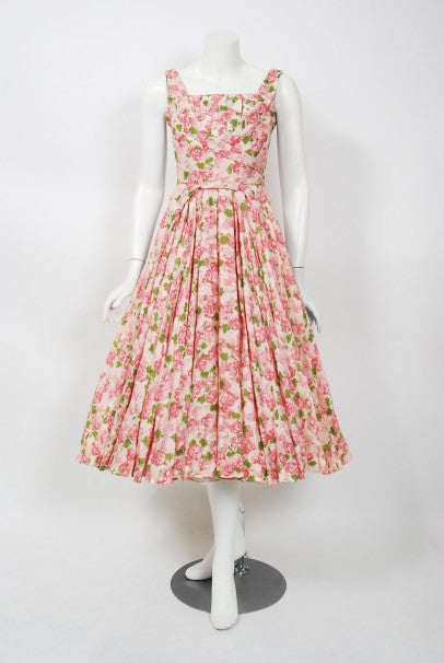 1950&#39;s Ceil Chapman Pink Carnations Floral Print Cotton Pleated Full-Skirt Dress