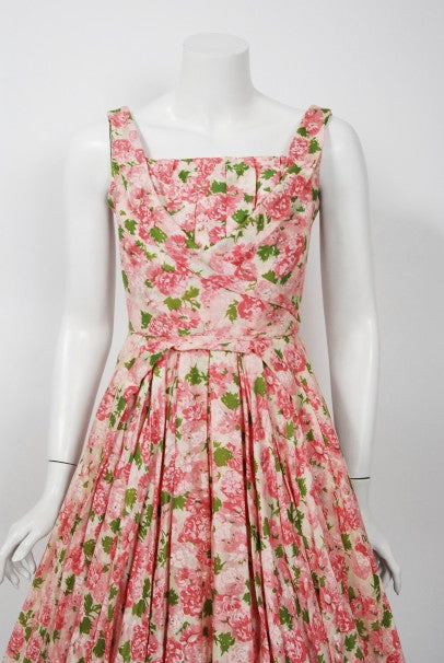 1950&#39;s Ceil Chapman Pink Carnations Floral Print Cotton Pleated Full-Skirt Dress