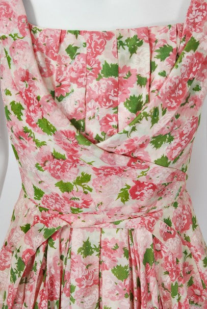 1950&#39;s Ceil Chapman Pink Carnations Floral Print Cotton Pleated Full-Skirt Dress