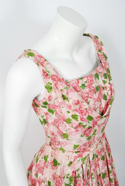 1950&#39;s Ceil Chapman Pink Carnations Floral Print Cotton Pleated Full-Skirt Dress