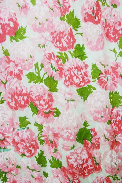 1950&#39;s Ceil Chapman Pink Carnations Floral Print Cotton Pleated Full-Skirt Dress