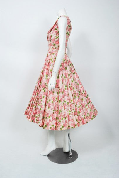 1950&#39;s Ceil Chapman Pink Carnations Floral Print Cotton Pleated Full-Skirt Dress