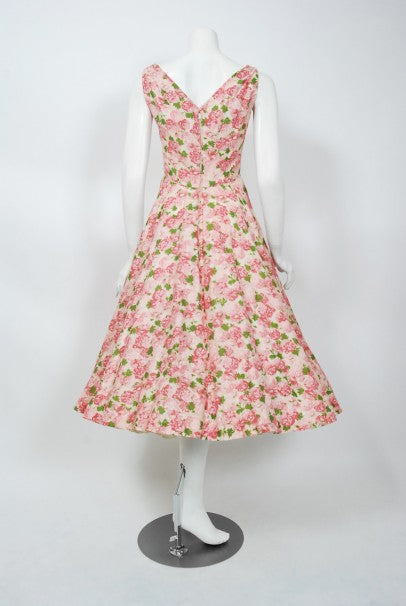1950&#39;s Ceil Chapman Pink Carnations Floral Print Cotton Pleated Full-Skirt Dress