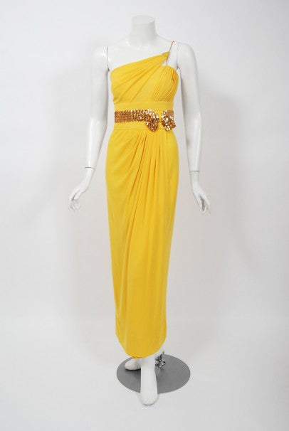 1970's Jacques Cassia Couture Yellow Jersey & Metal Draped Dress