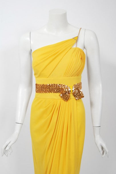 1970's Jacques Cassia Couture Yellow Jersey & Metal Draped Dress