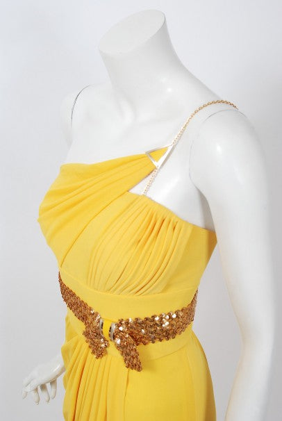 1970's Jacques Cassia Couture Yellow Jersey & Metal Draped Dress