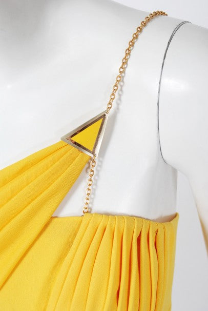 1970's Jacques Cassia Couture Yellow Jersey & Metal Draped Dress