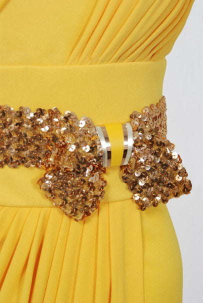 1970's Jacques Cassia Couture Yellow Jersey & Metal Draped Dress