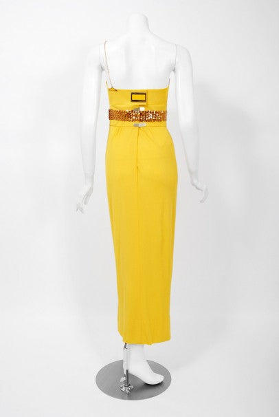 1970's Jacques Cassia Couture Yellow Jersey & Metal Draped Dress