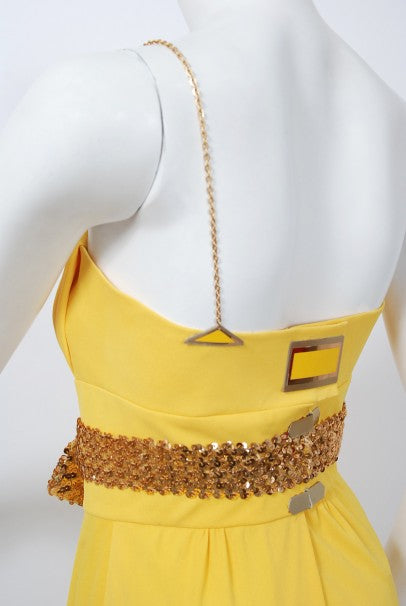1970's Jacques Cassia Couture Yellow Jersey & Metal Draped Dress