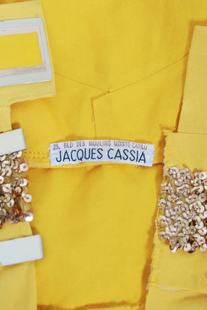 1970's Jacques Cassia Couture Yellow Jersey & Metal Draped Dress