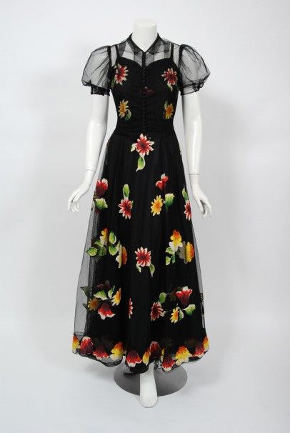 1930's Rainbow Floral Applique Silk & Sheer Net-Tulle Puff Sleeve Gown Ensemble